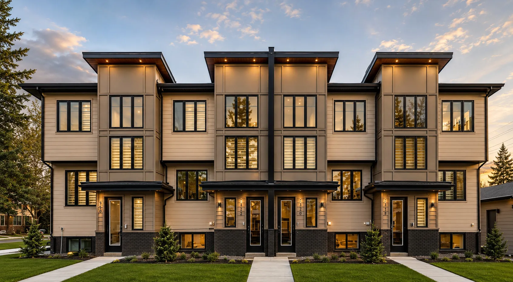 A row of Calgary townhomes lit at dusk, managed by NEXA Property Management